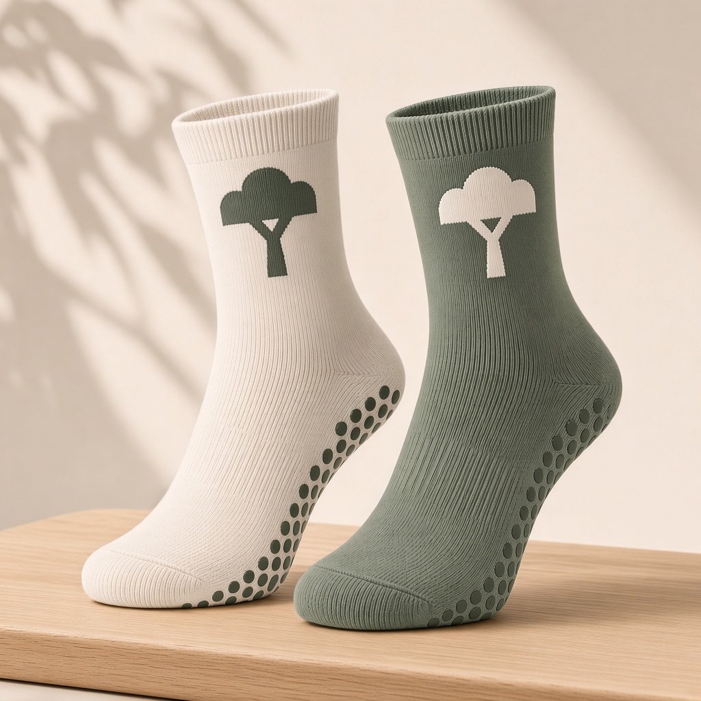 Tactona grip socks in cream and sage with the live-oak T logo